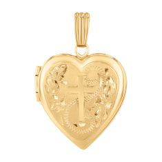Yellow Gold Engraved Heart with Cross Locket Pendant