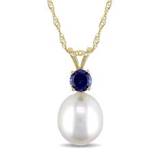 Yellow Gold Freshwater Cultured Pearl and Blue Sapphire Pendant Necklace