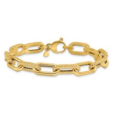 Yellow Gold Hollow Polished and Textured Link Chain Bracelet | 9mm | 7.5 Inches
