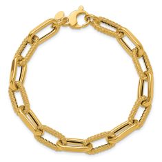 Yellow Gold Hollow Polished and Textured Link Chain Bracelet | 9mm | 7.5 Inches