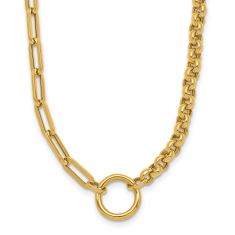 Yellow Gold Hollow Polished Mixed Paperclip Link and Rolo 18 Inch Lariat Necklace