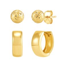 Yellow Gold Huggie Hoop and Ball Stud Earring Set