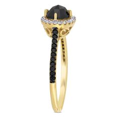 Yellow Gold Oval Treated Black Diamond and Diamond Halo Engagement Ring 1 1/5ctw
