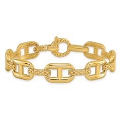 Yellow Gold Semi-Solid Anchor and Textured Link Chain Bracelet | 12mm | 7.5 Inches