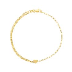 Yellow Gold Semi-Solid Heart Rolo and Paperclip Bracelet - 7.5 Inches