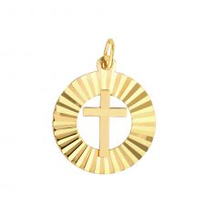 Yellow Gold Solid Cross Radiant Medallion Pendant | 13mm