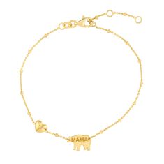 Yellow Gold Solid Mama Bear Puffed Heart Station Bracelet - 7.25 Inches