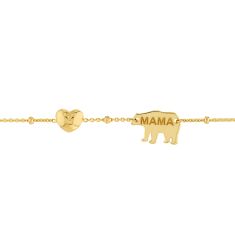 Yellow Gold Solid Mama Bear Puffed Heart Station Bracelet - 7.25 Inches