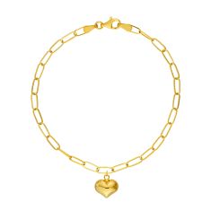 Yellow Gold Solid Puff Heart Paperclip Bracelet - 7.5 Inches