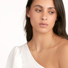 Yellow Gold Solid Triple-Strand Layered Beaded and Valentino Chain Necklace