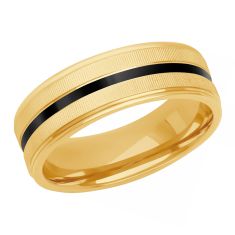 Yellow Gold with Black Ceramic Inlay Coin Edge Textured Wedding Band | 7mm | Men's