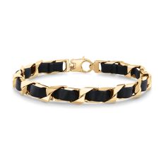 Yellow Ion-Plated Sterling Silver and Black Leather Solid Curb Chain Bracelet 10mm - 8.5 Inches