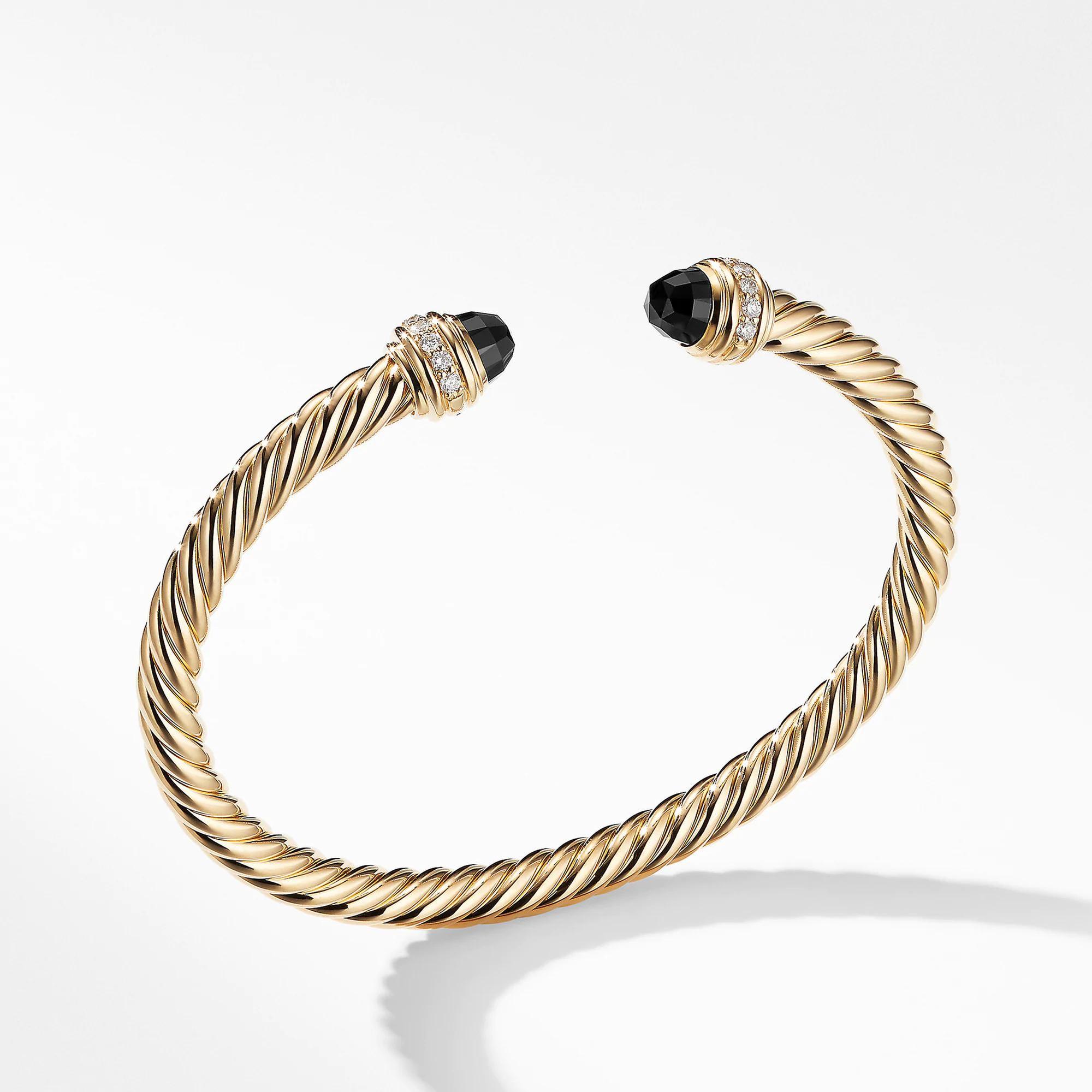 David Yurman Cable Bracelet in 18k Gold with Black Onyx and Diamo