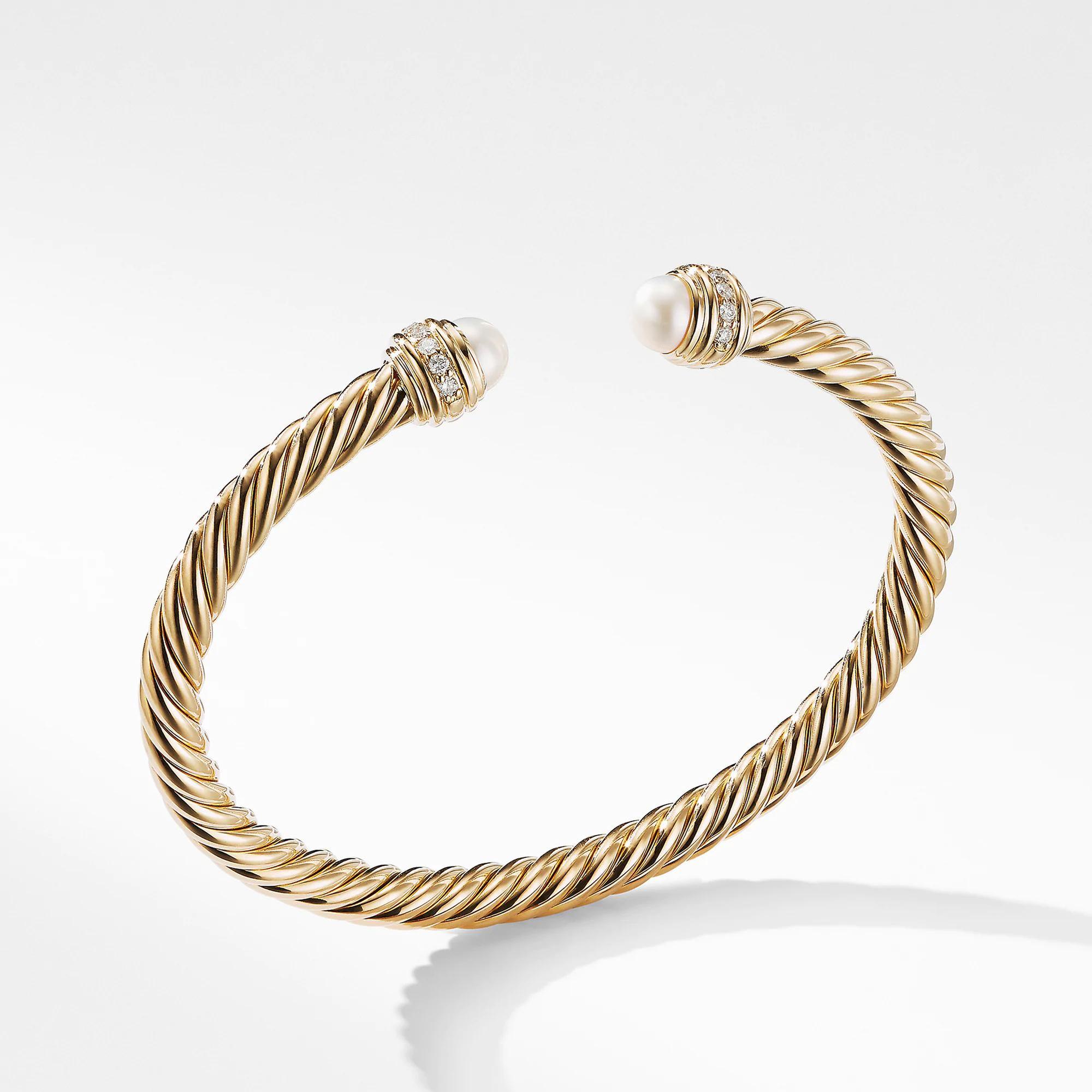 David Yurman Cable Bracelet in 18k Gold with Pearls and Diamonds, 5mm