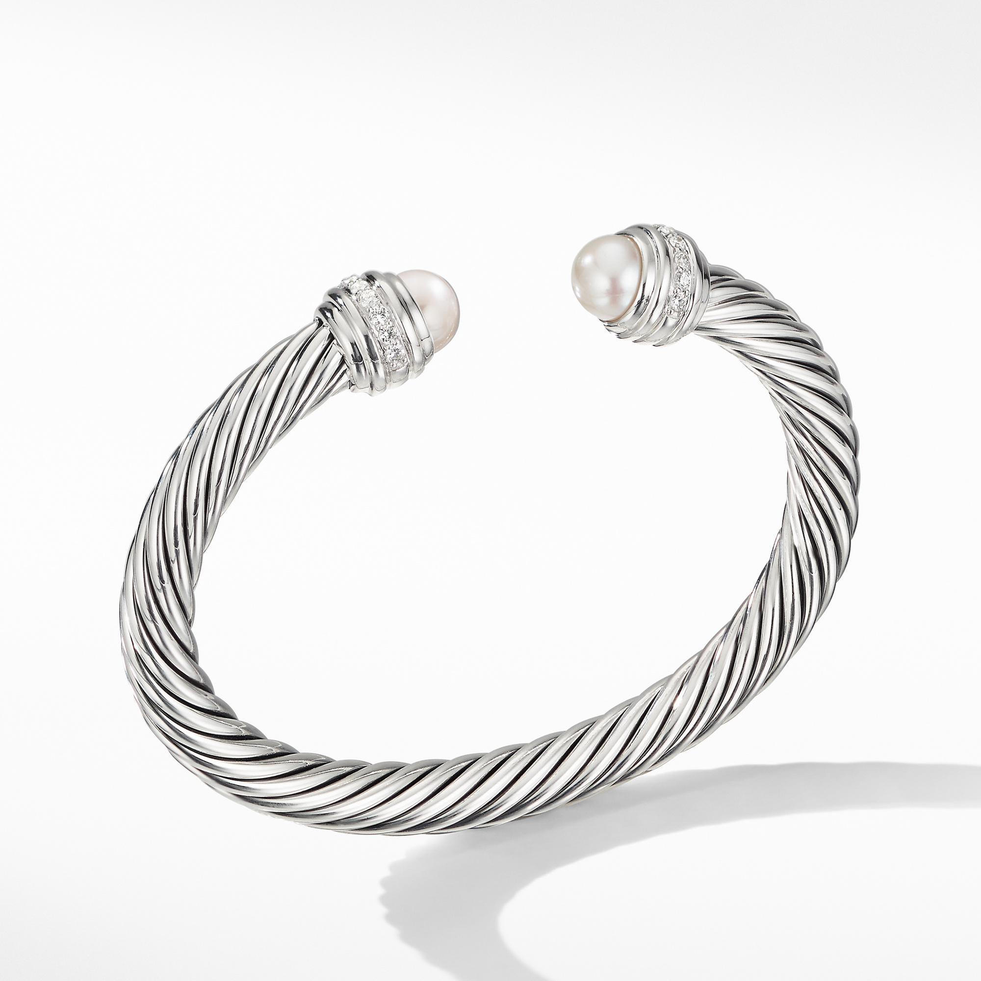 David Yurman Cable Bracelet with Pearls and Diamonds, 7mm - Mediu