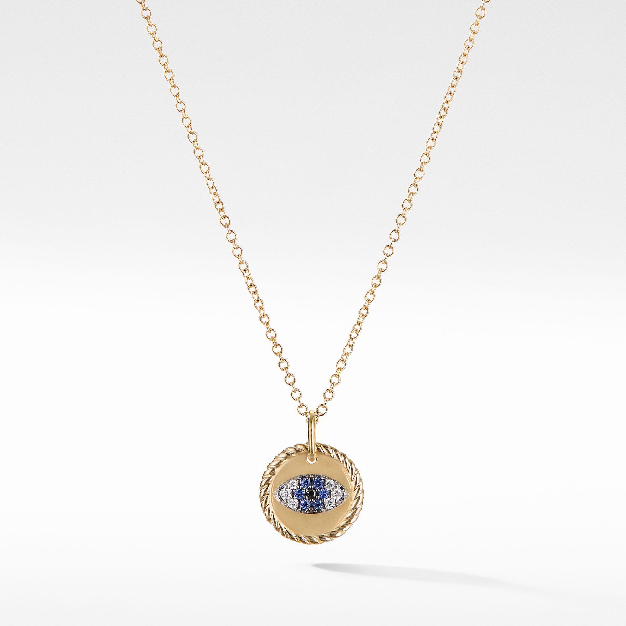 David Yurman Cable Collectibles Collection Evil Eye Charm Necklace with Blue Sapphire and Diamonds in 18k Gold, 11mm