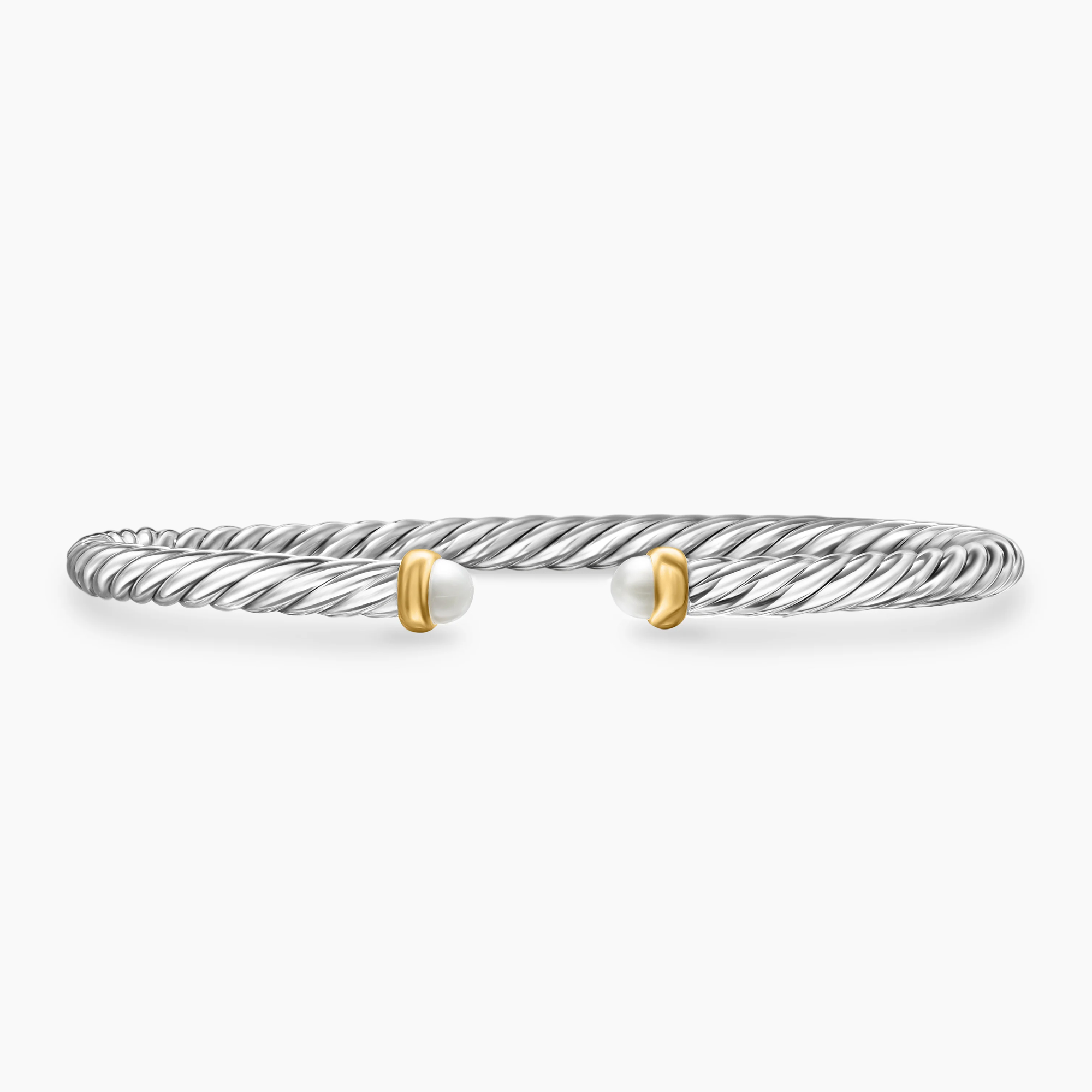 David Yurman Cable Flex Sterling Silver with 14K Yellow Gold and Pearl 4mm Cuff Bracelet - X-Small