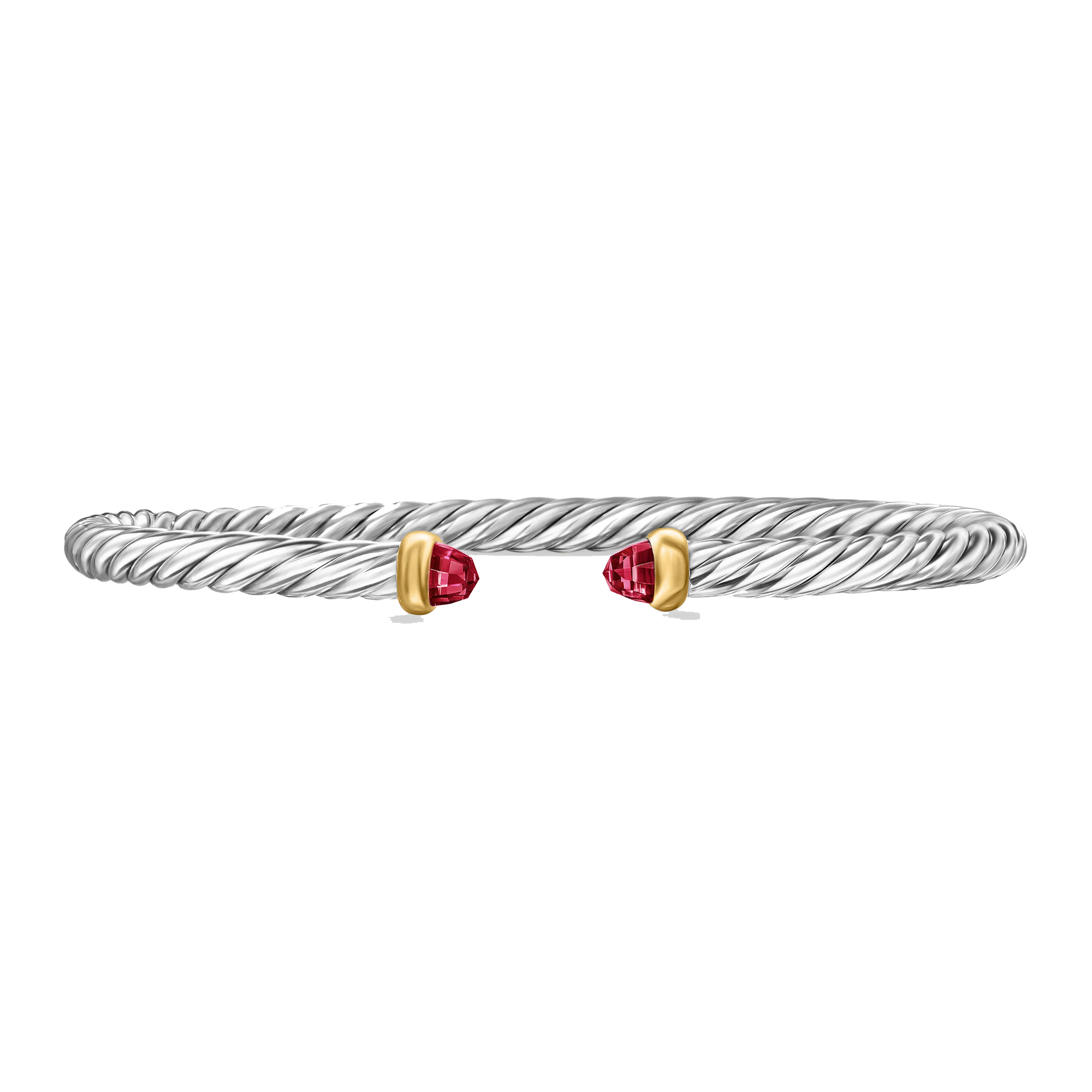 David Yurman  Cable Flex Sterling Silver with 14K Yellow Gold and Rhodolite Garnet 4mm Cuff Bracelet  - X-Small