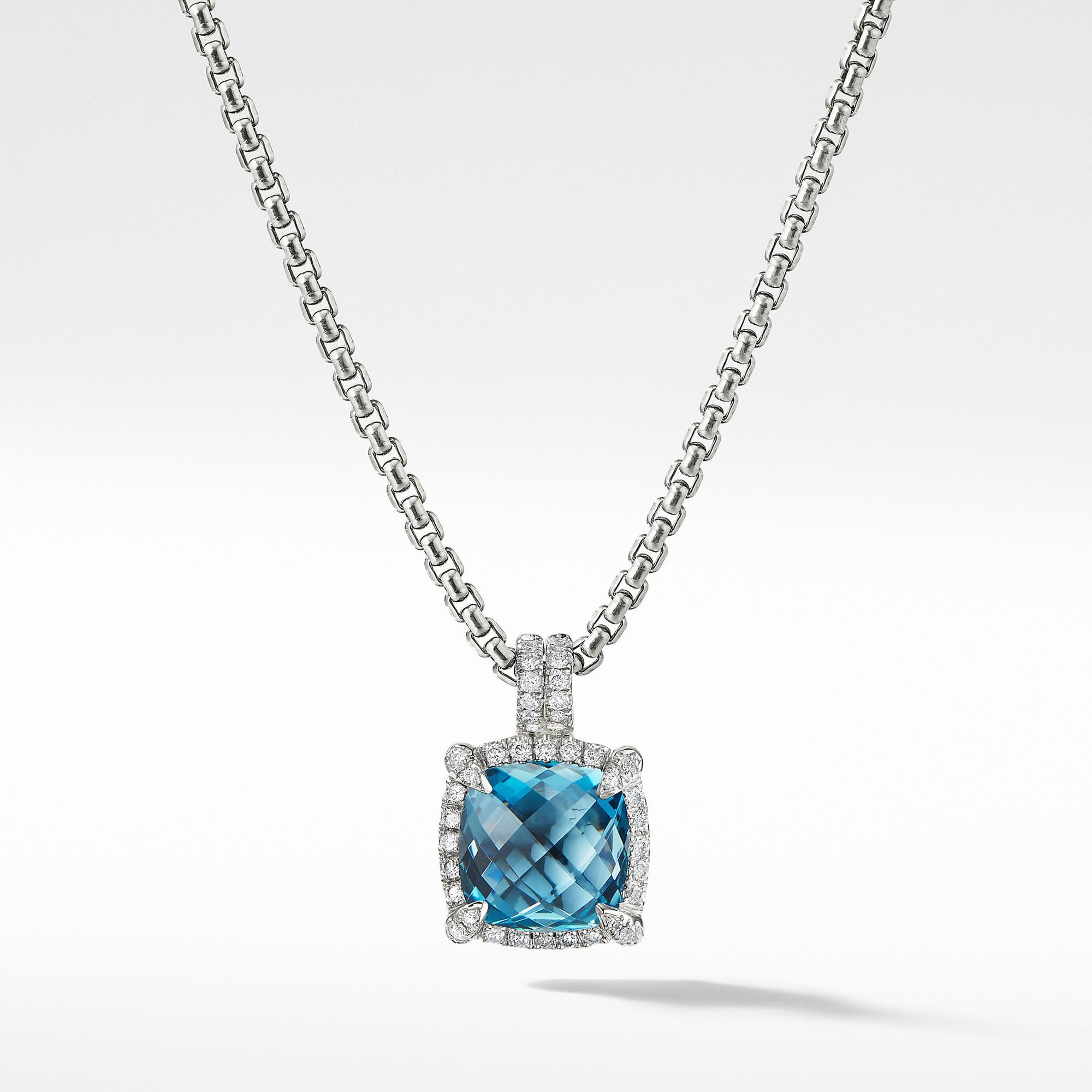David Yurman Chatelaine Pave Bezel Pendant Necklace with Hampton Blue Topaz and Diamonds, 9mm