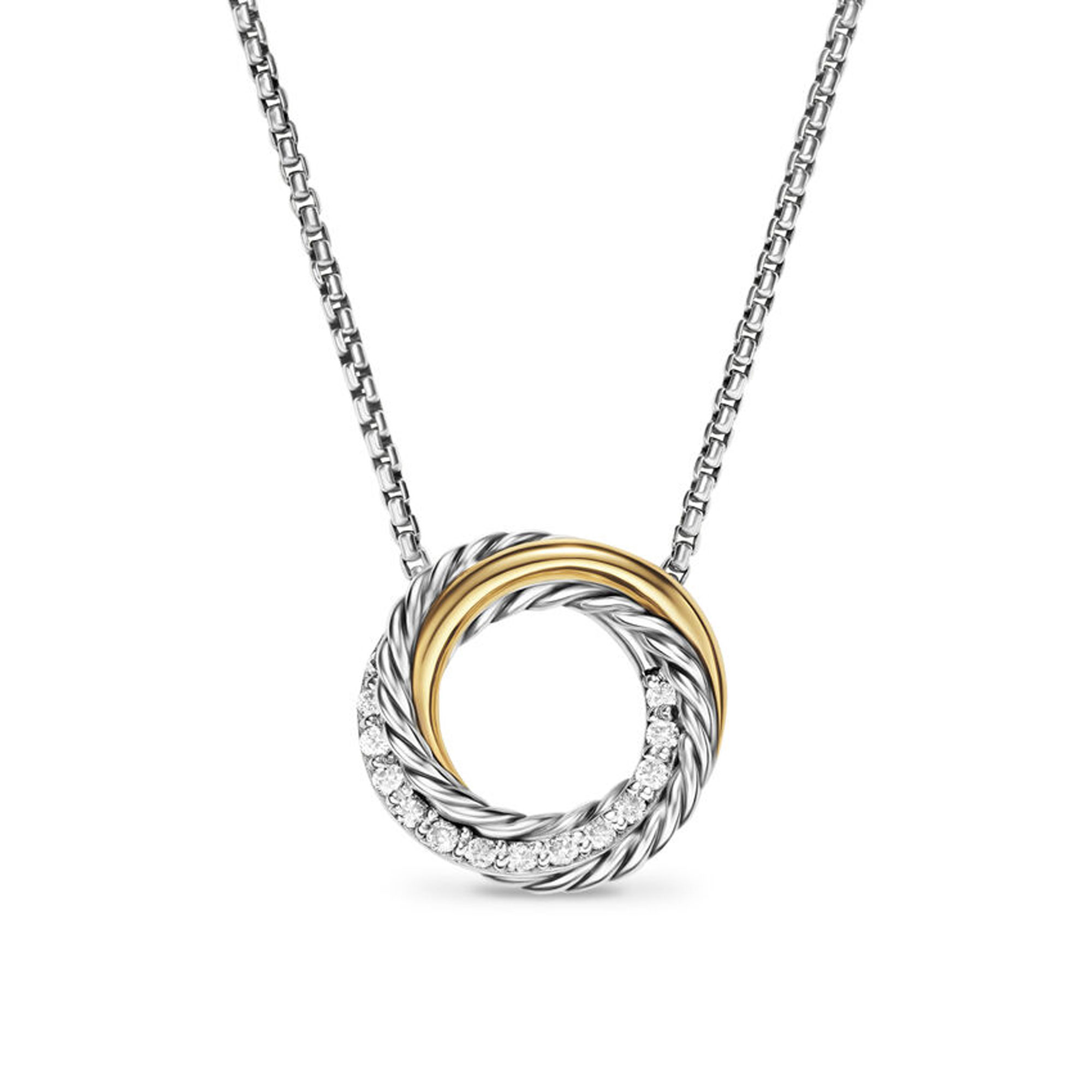 David Yurman Crossover Pendant Necklace in Sterling Silver with 18K Yellow Gold and Diamonds 14.5mm