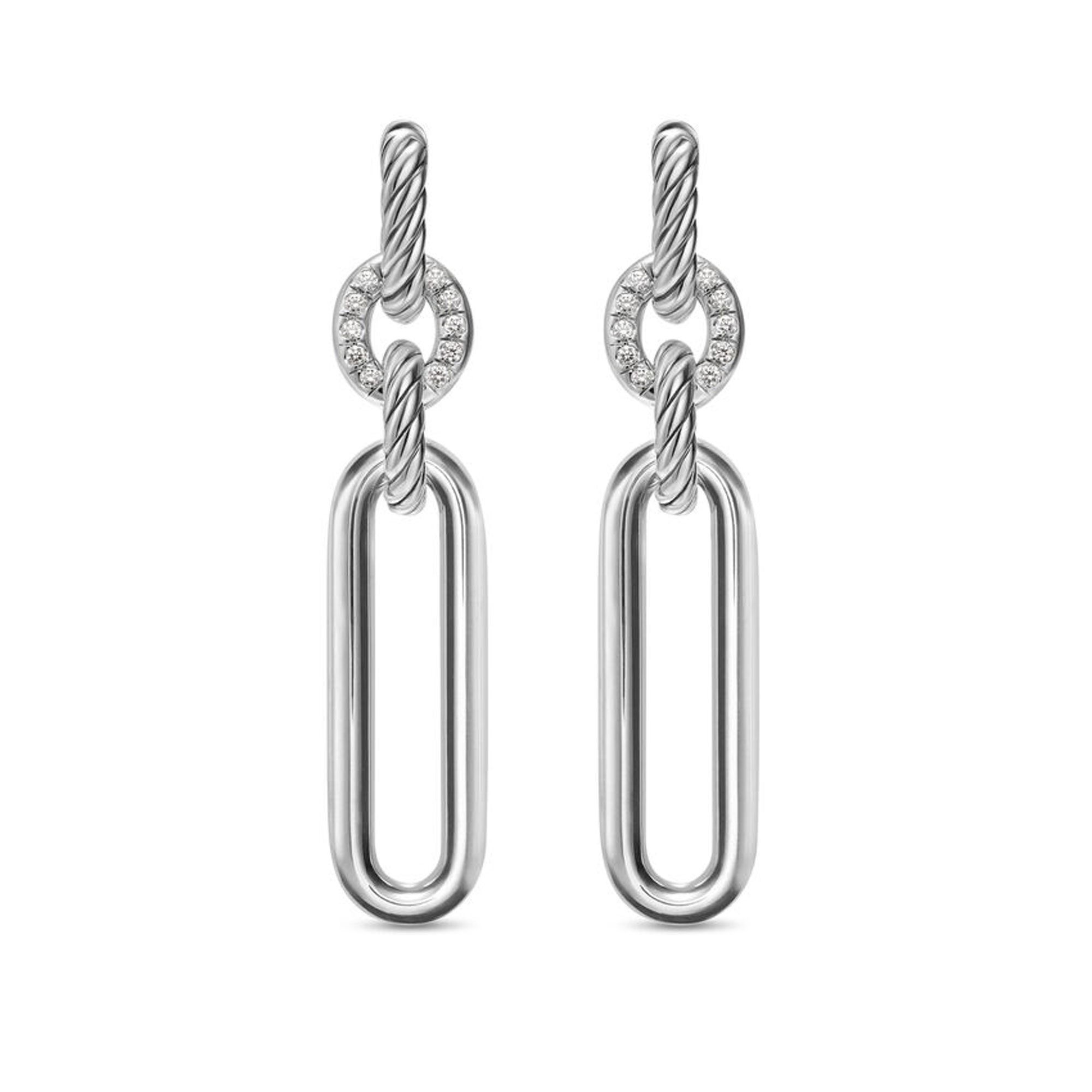 David Yurman Lexington Double Link Drop Earrings in Sterling Silver with Diamonds 54mm