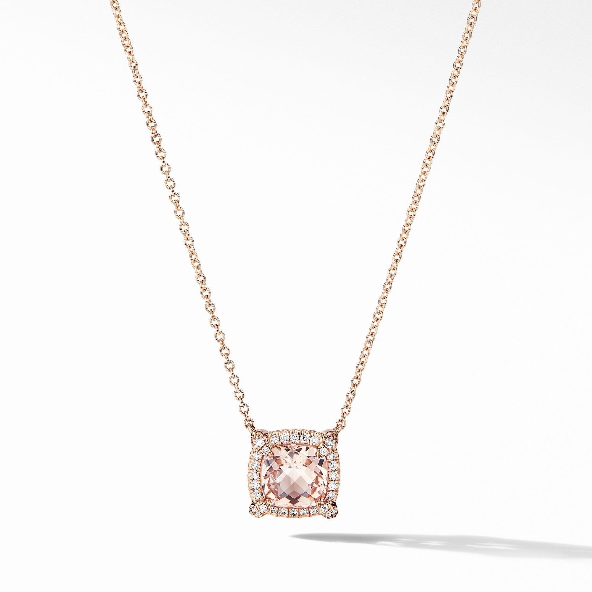 David Yurman Petite Chatelaine(R) Pave Bezel Pendant Necklace in 18k Rose Gold with Morganite, 7mm