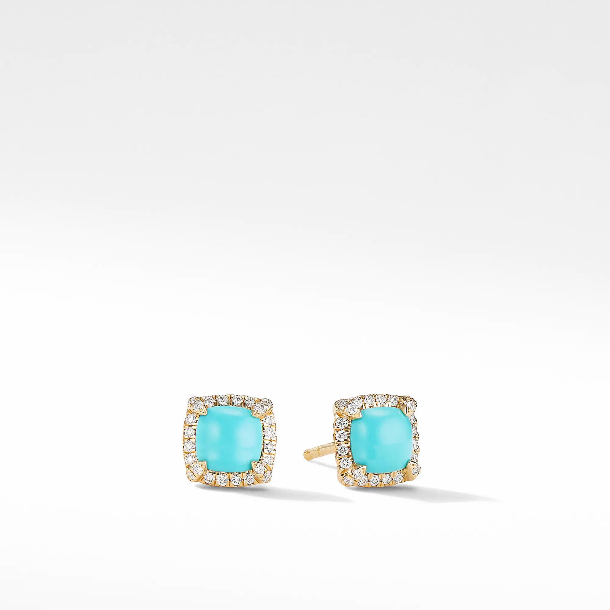 David Yurman Petite Chatelaine Pave Bezel Stud Earrings in 18k Yellow Gold with Turquoise