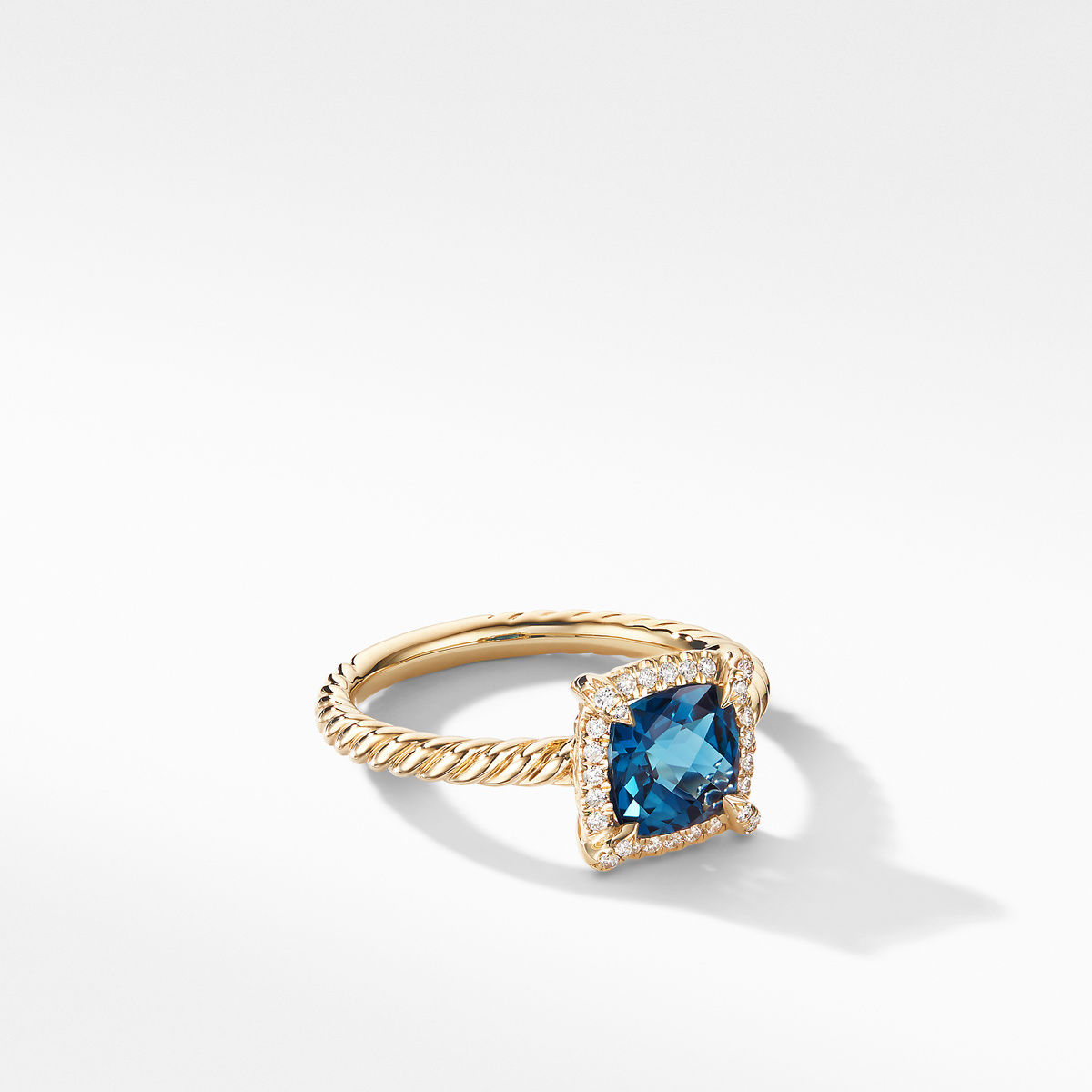 David Yurman Petite Chatelaine Pave Bezel Ring in 18K Yellow Gold with Hampton Blue Topaz and Diamonds - Size 4.5