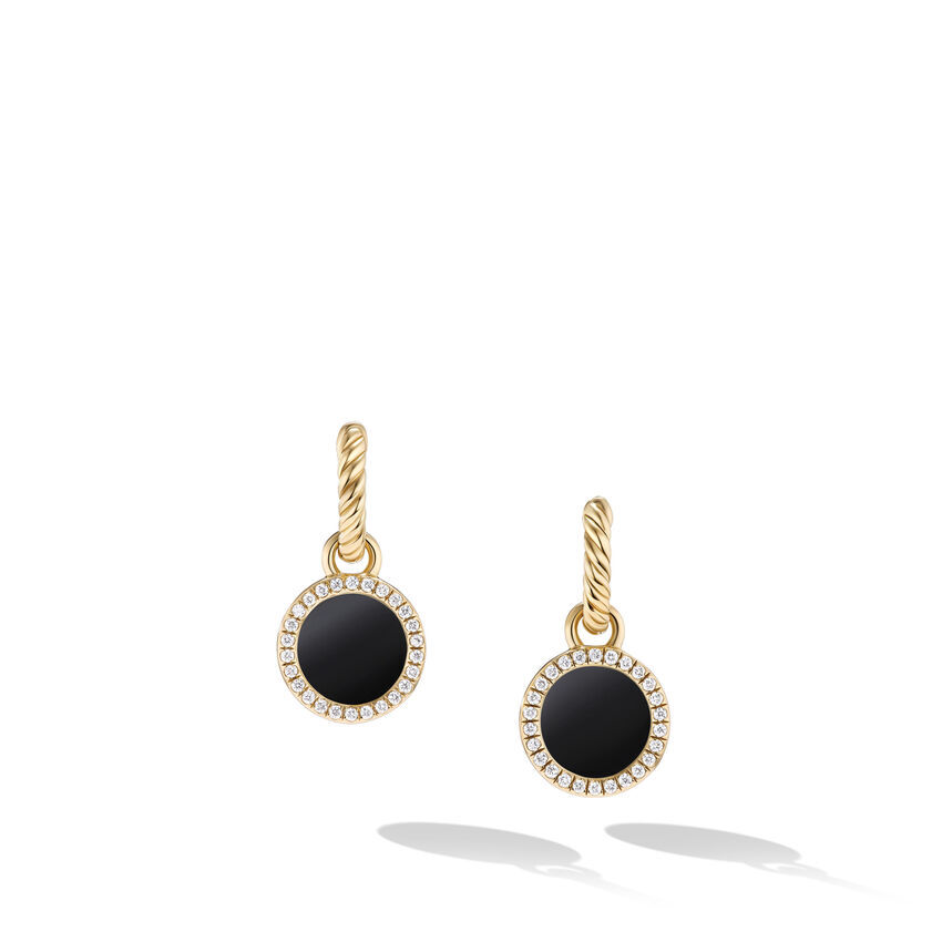 David Yurman Petite DY Elements Drop Earrings in 18K Yellow Gold with Black Onyx and Pave Diamonds