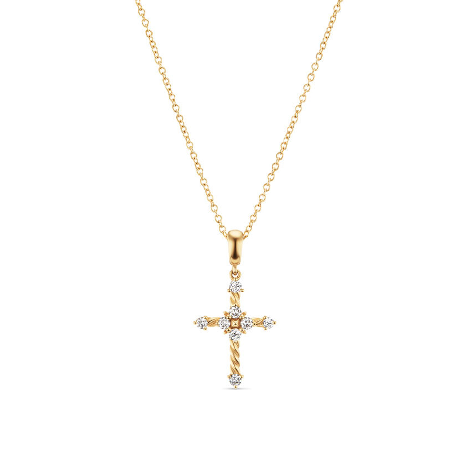 David Yurman Petite Modern Renaissance Cross Pendant Necklace in 18K Yellow Gold with Diamonds 221mm 1800$