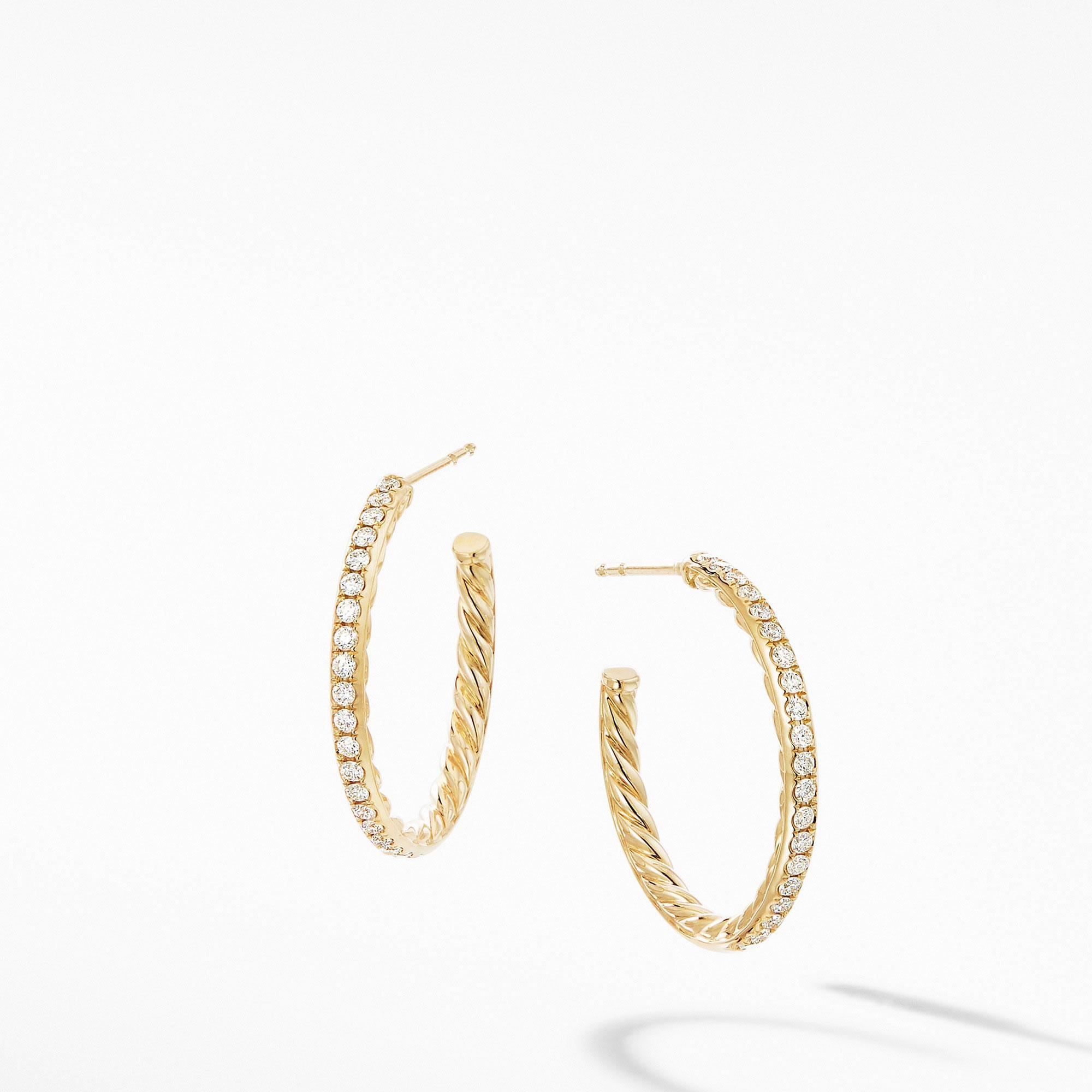 David Yurman Small Hoop Earrings in 18k Yellow Gold with Pave Dia