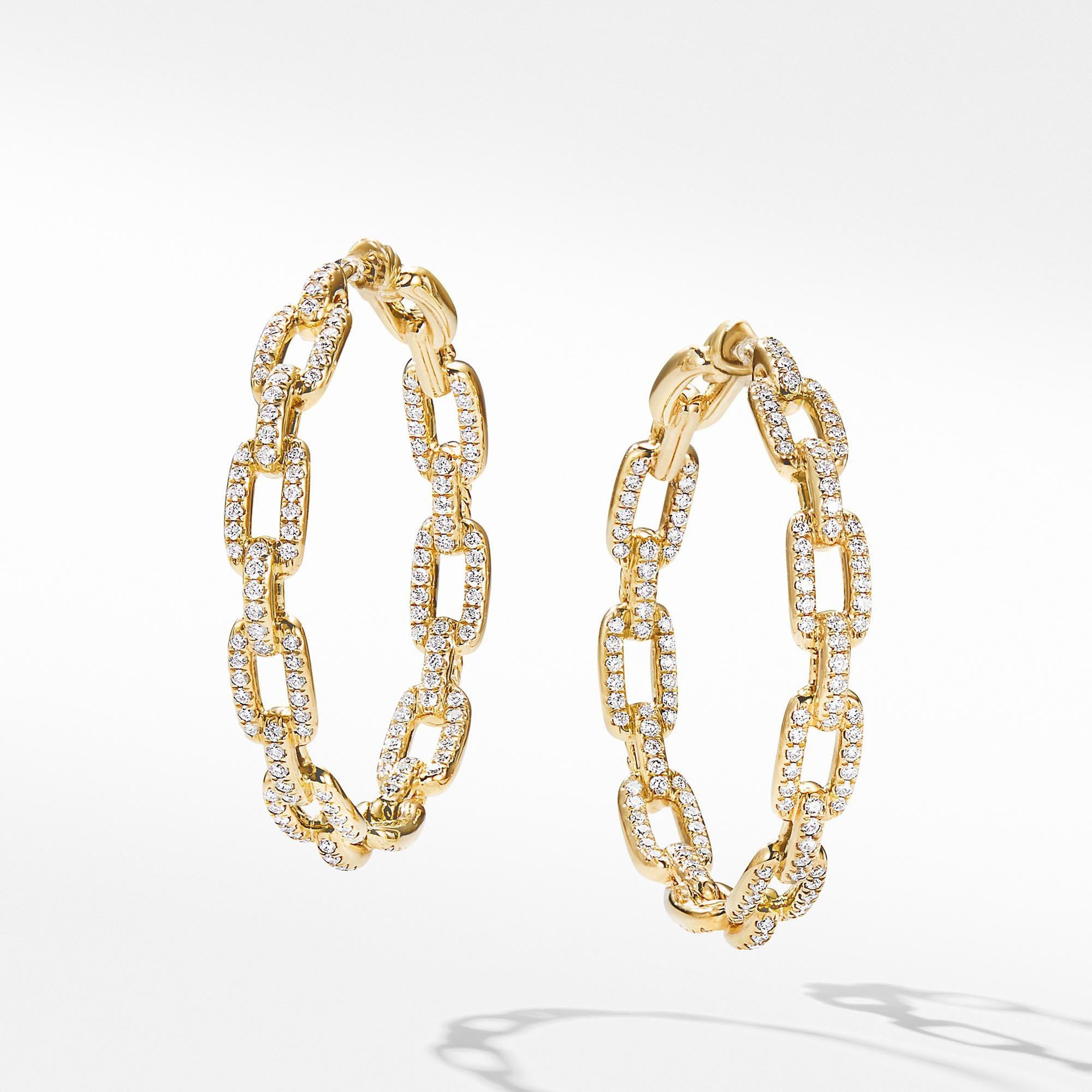 David Yurman Stax Chain Link Hoop Earrings in 18k Yellow Gold wit