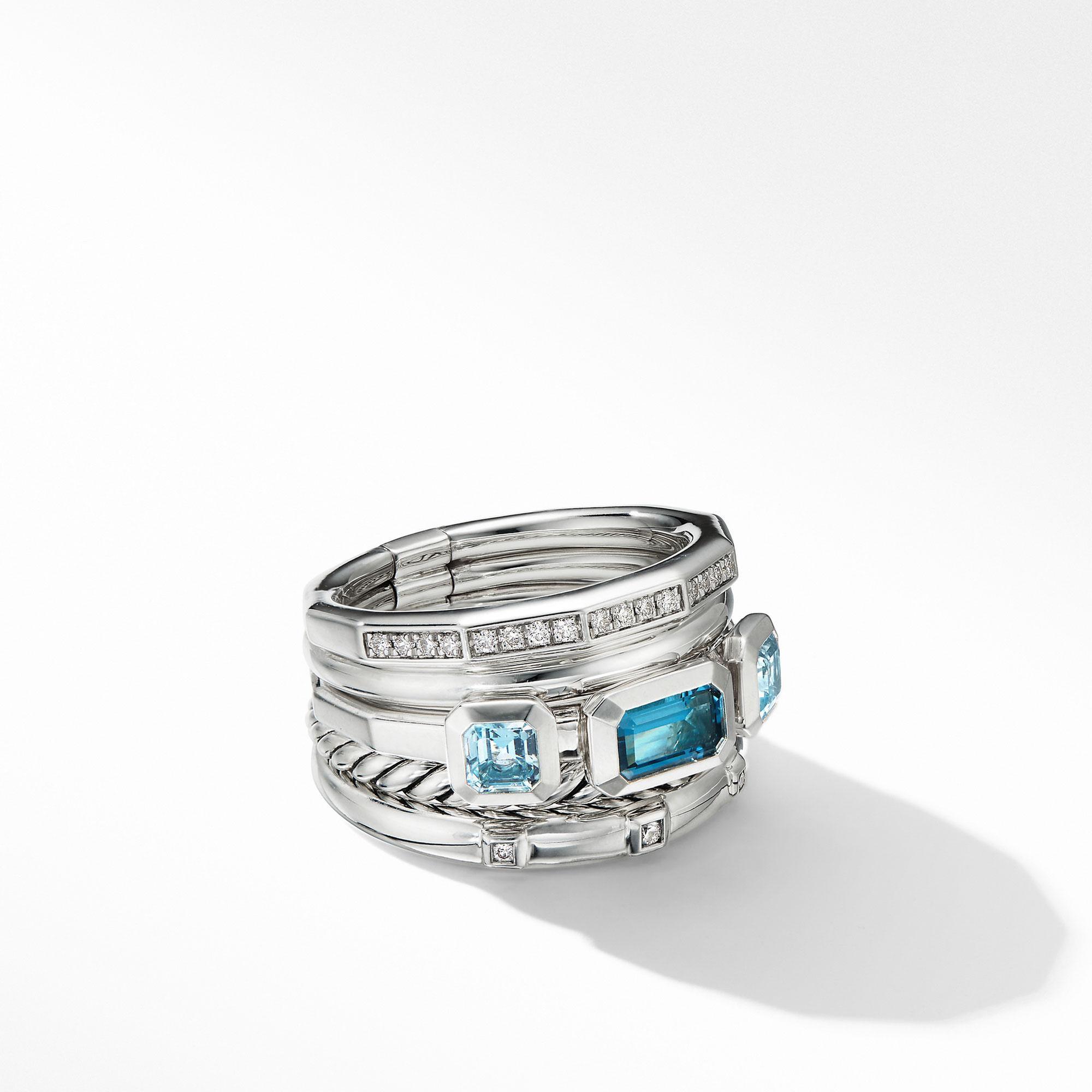 David Yurman Stax Wide Ring with Hampton Blue Topaz and Diamonds - Size 7