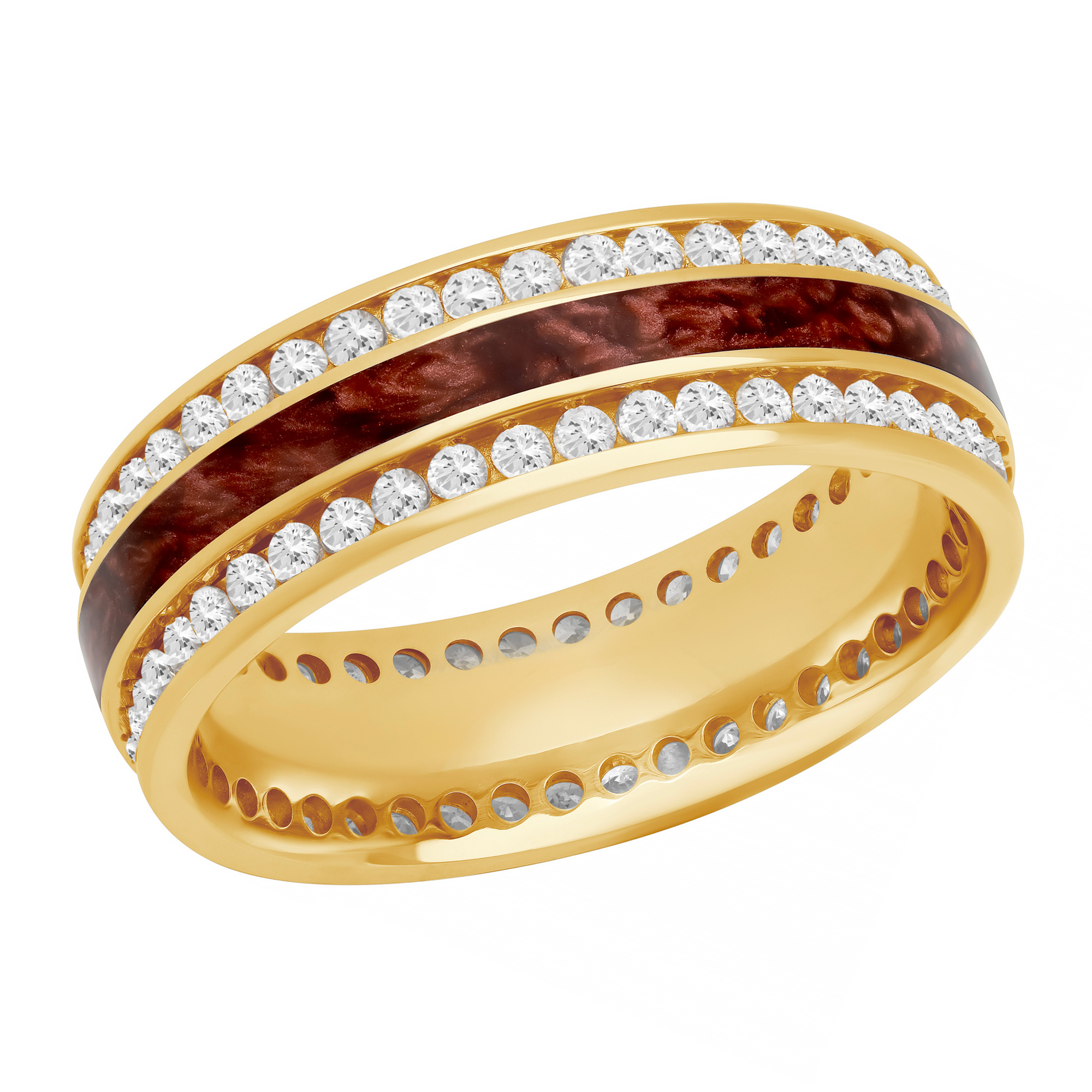 Diamond and Pearl Red Ceramic Inlay Yellow Gold Double Eternity 7mm Wedding Band - Size 11.5
