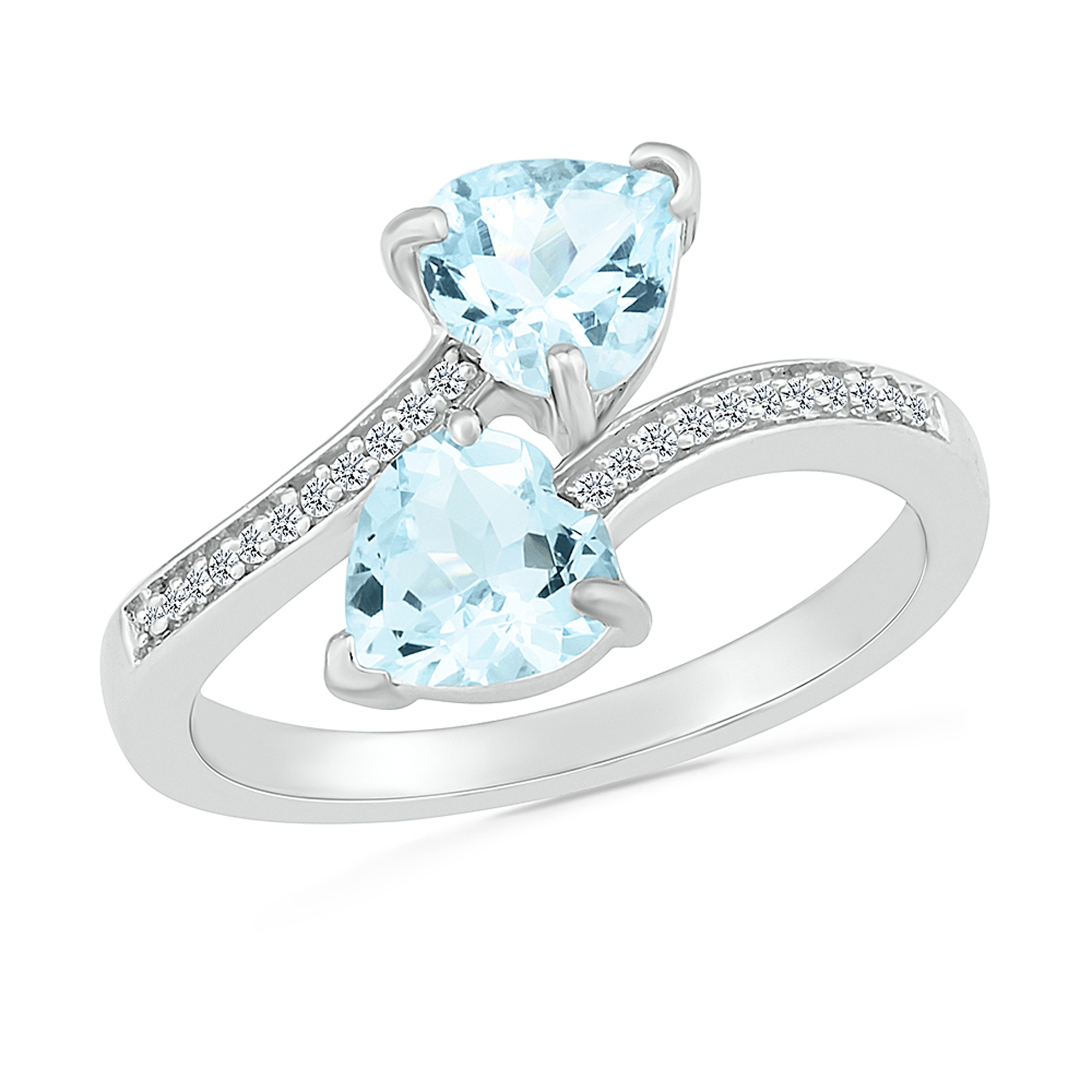 Double Heart-Shaped Aquamarine Diamond Accent Sterling Silver Ring - Size 6