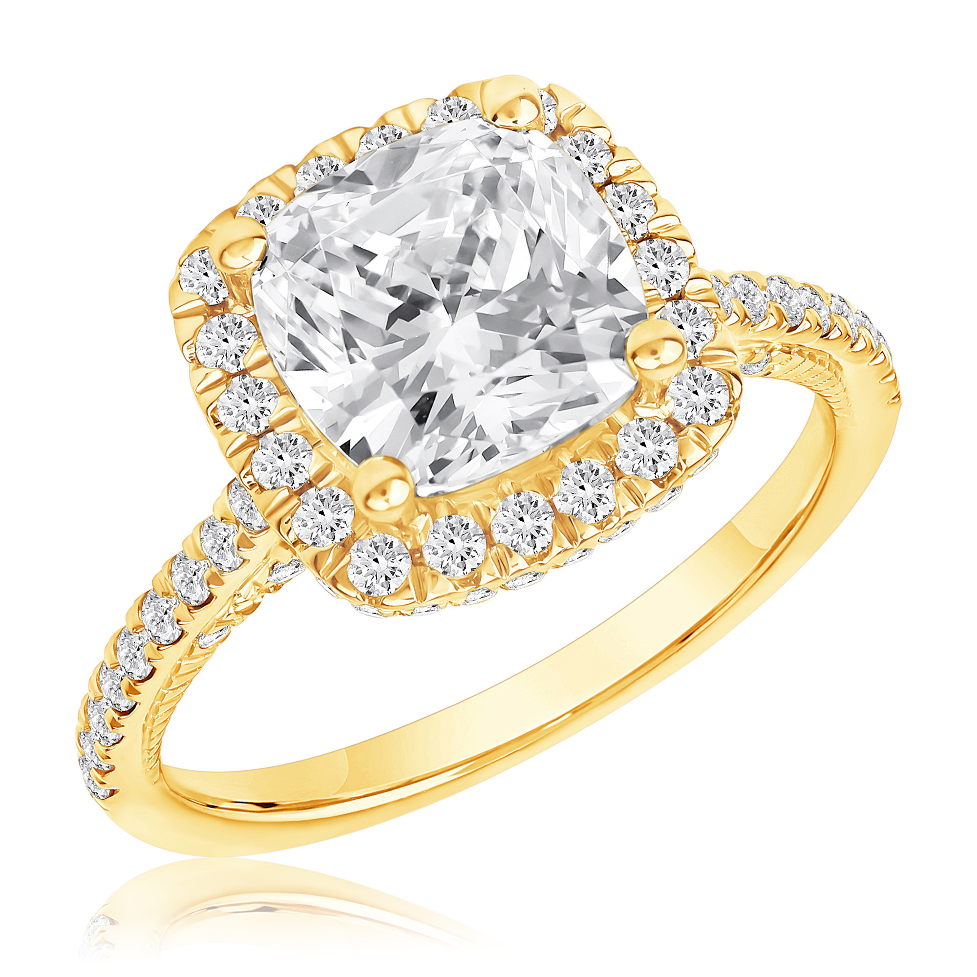 REEDS Women's Downton Abbey 3 3/4Ctw Cushion Lab Grown Diamond Halo Yellow Gold Engagement Ring - Lady Rose - Size 6