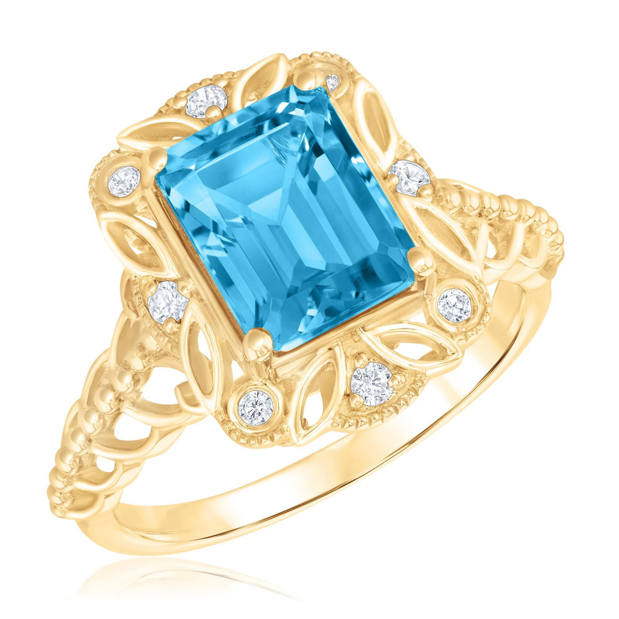 REEDS Women's Downton Abbey | Cora Grantham - Blue Topaz And 1/10Ctw Diamond Yellow Gold Ring  Ring Size: 8