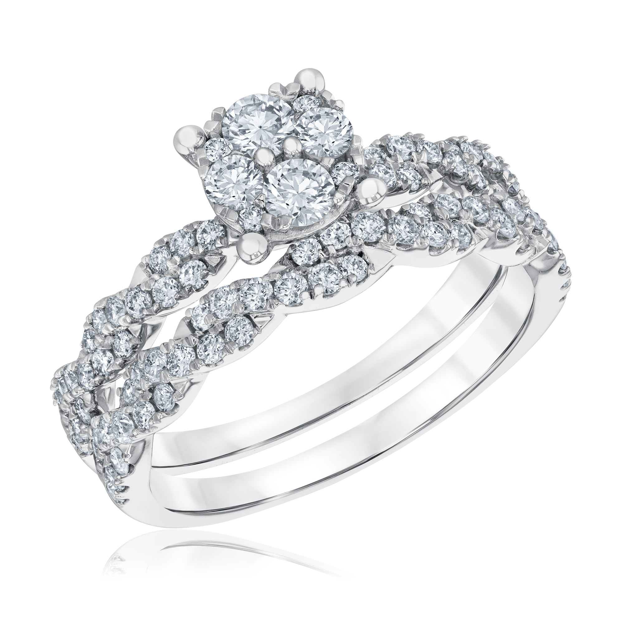 1ctw Diamond Cluster White Gold Engagement Ring and Wedding Band Set - Harmony Collection