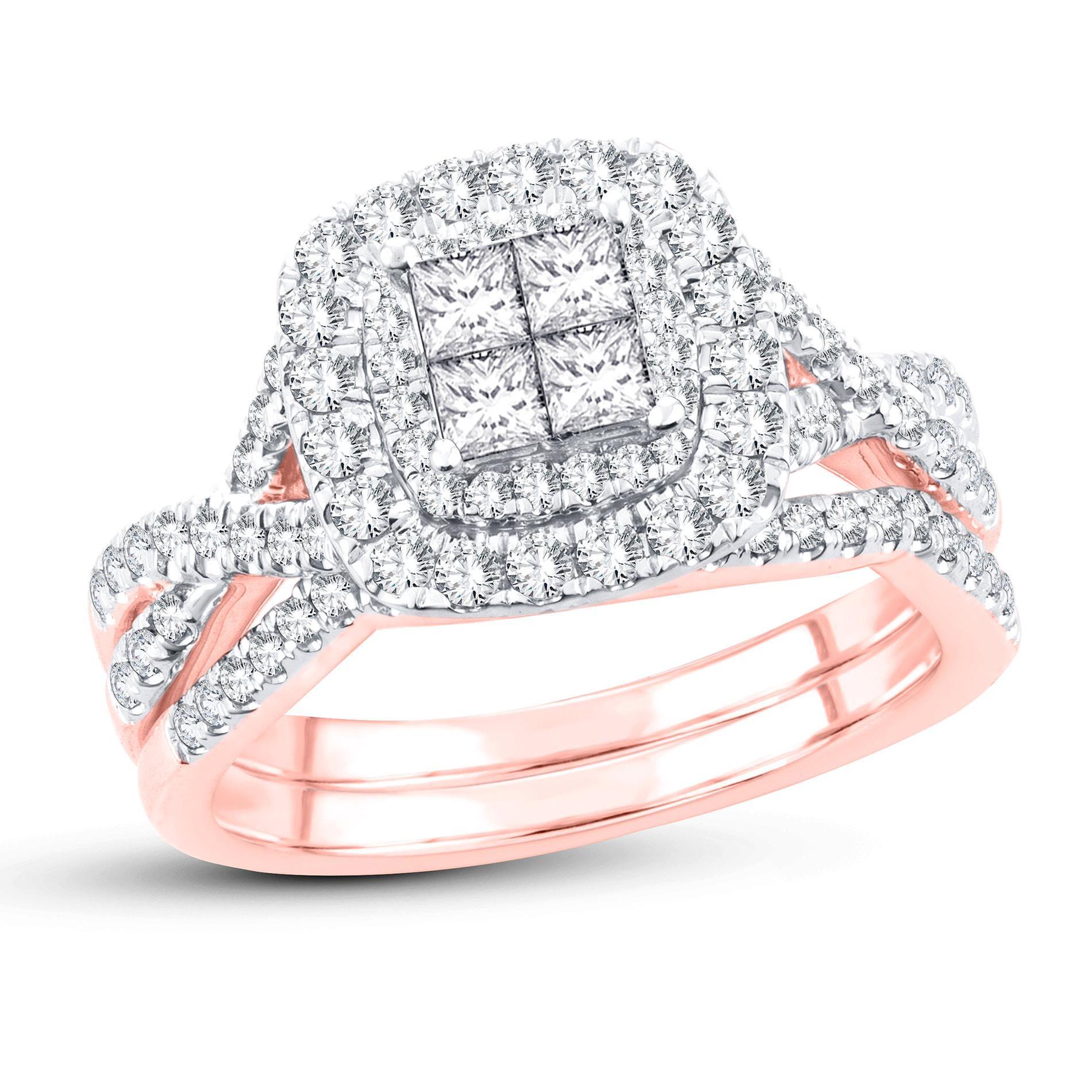 1ctw Princess Diamond Cluster Rose Gold Halo Engagement and Weddi