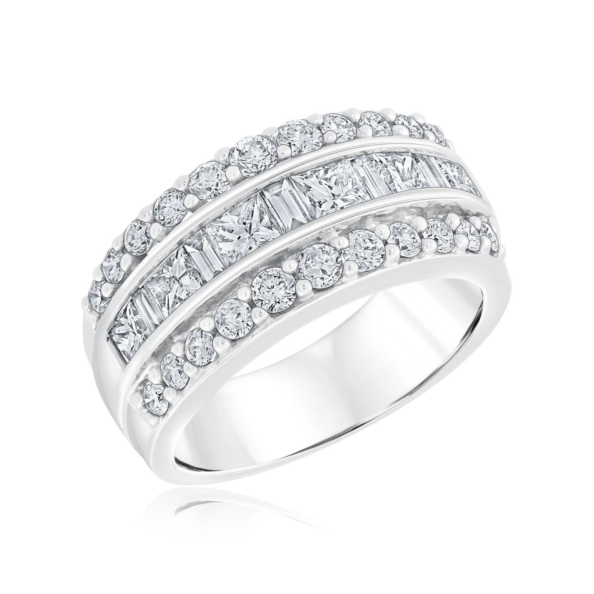 2ctw Princess Baguette Round Diamond Three-Row White Gold Anniversary Ring