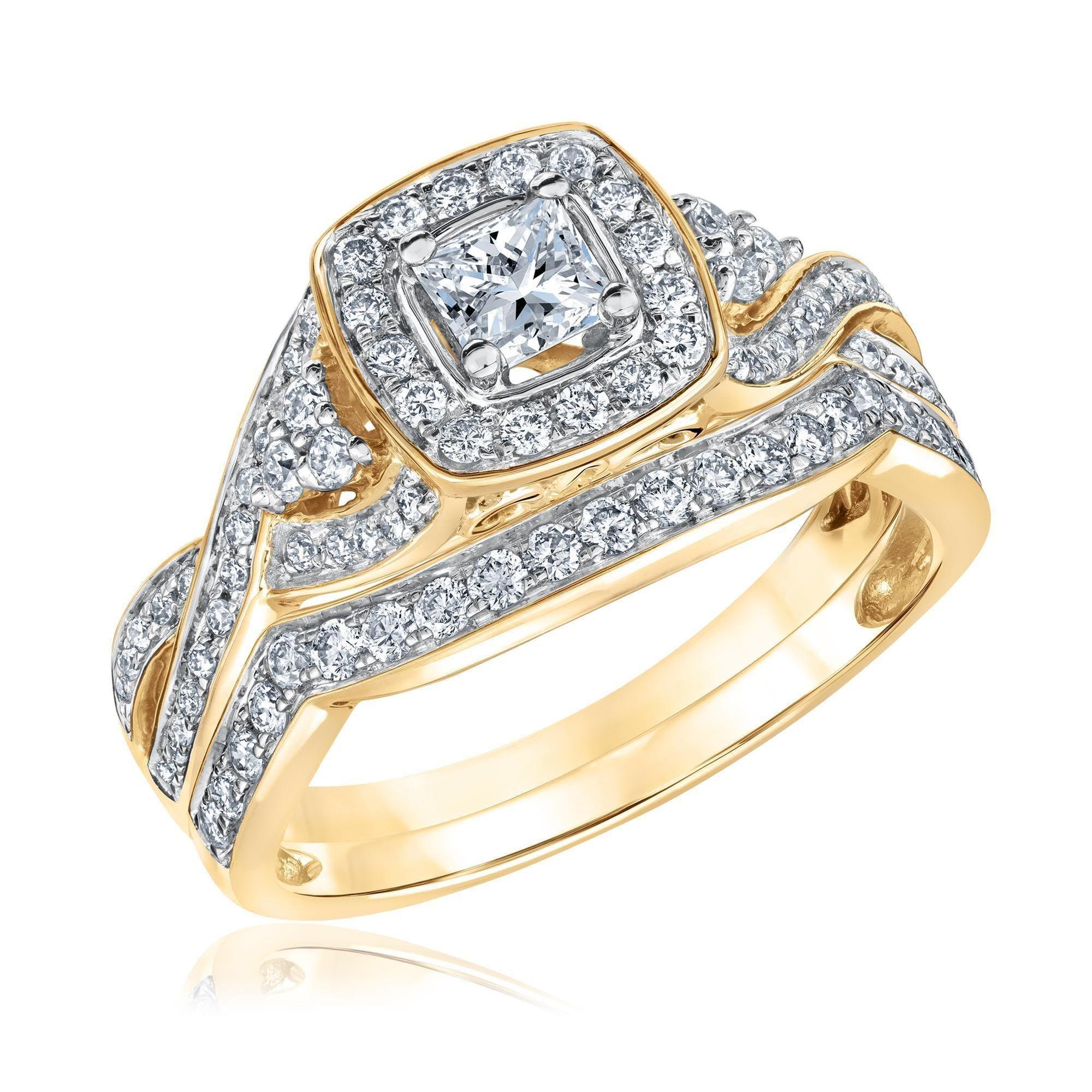 1ctw Princess Diamond Halo Yellow Gold Engagement and Wedding Ring Bridal Set | Glow Collection