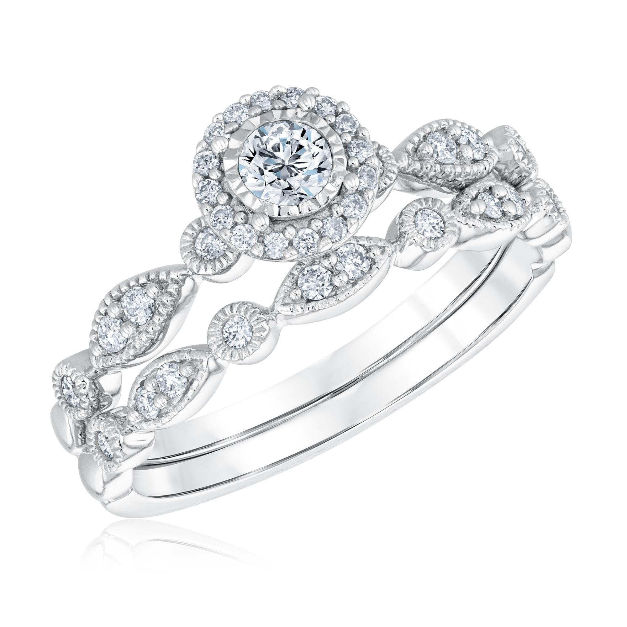 3/8ctw Diamond Vintage-Inspired White Gold Engagement and Wedding Ring Bridal Set | Timeless Collection