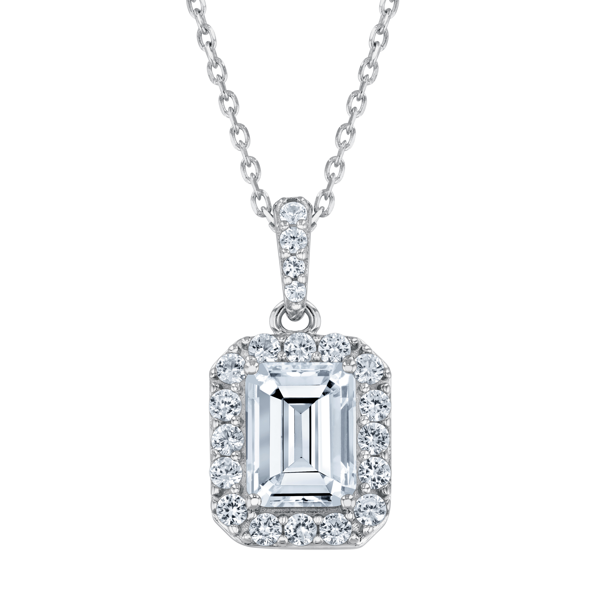 Emerald-Cut Created White Sapphire Sterling Silver Pendant Neckla