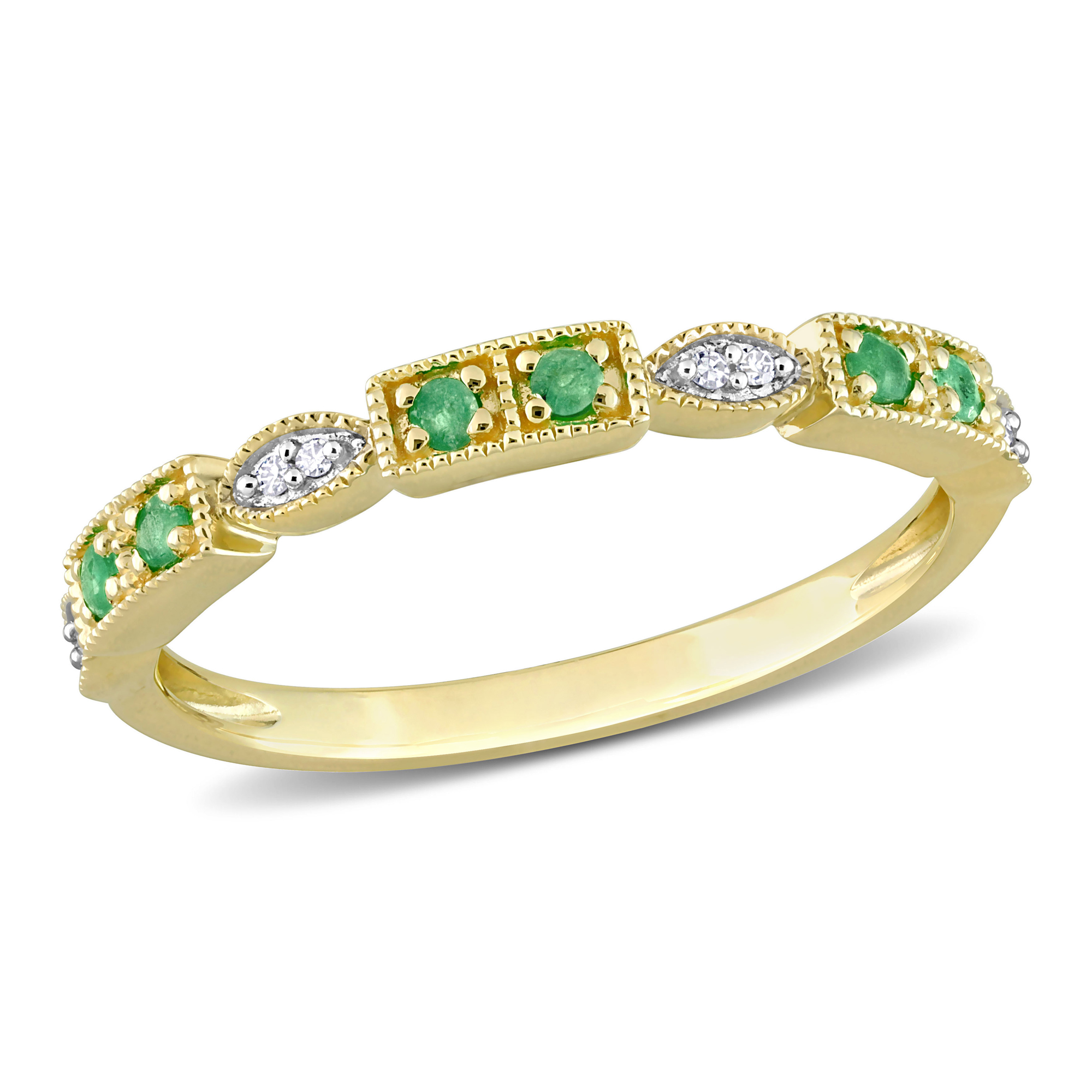 Emerald and 1/20ctw Diamond Vintage-Inspired Yellow Gold Stackable Ring | Size 9.5