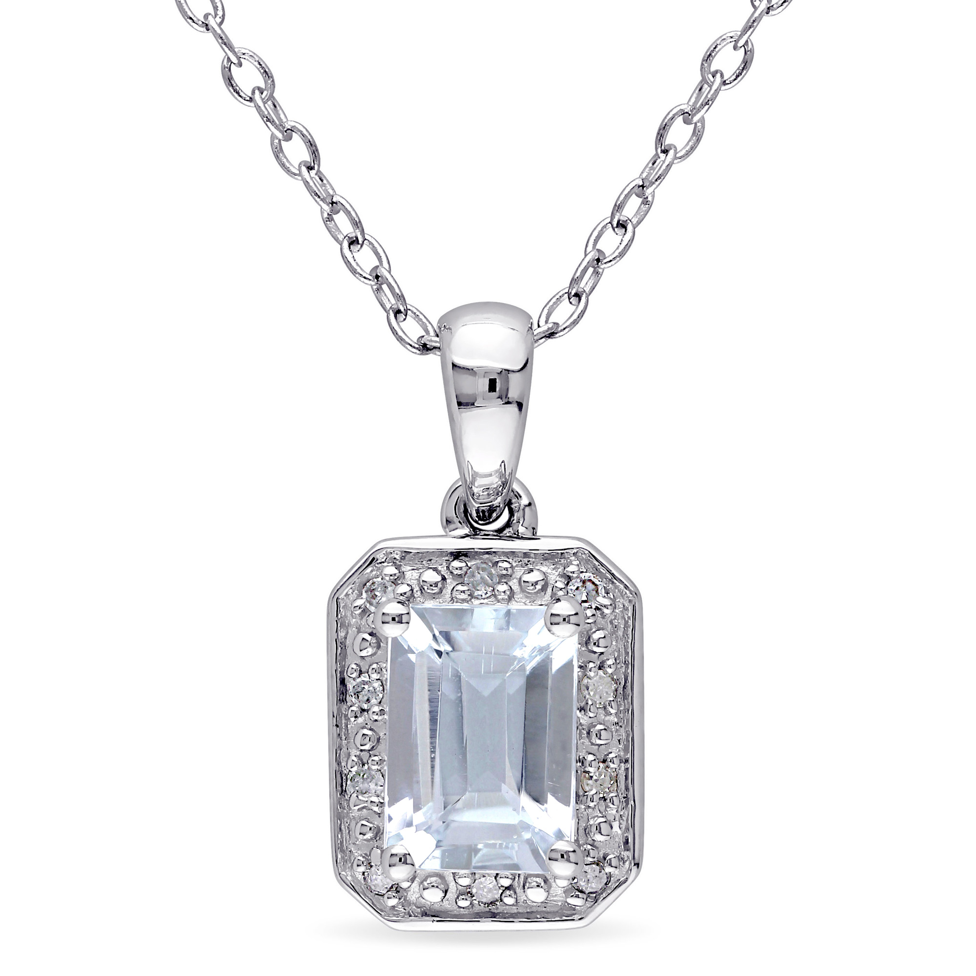 Emerald Aquamarine Diamond Halo Sterling Silver Pendant 1/20ctw