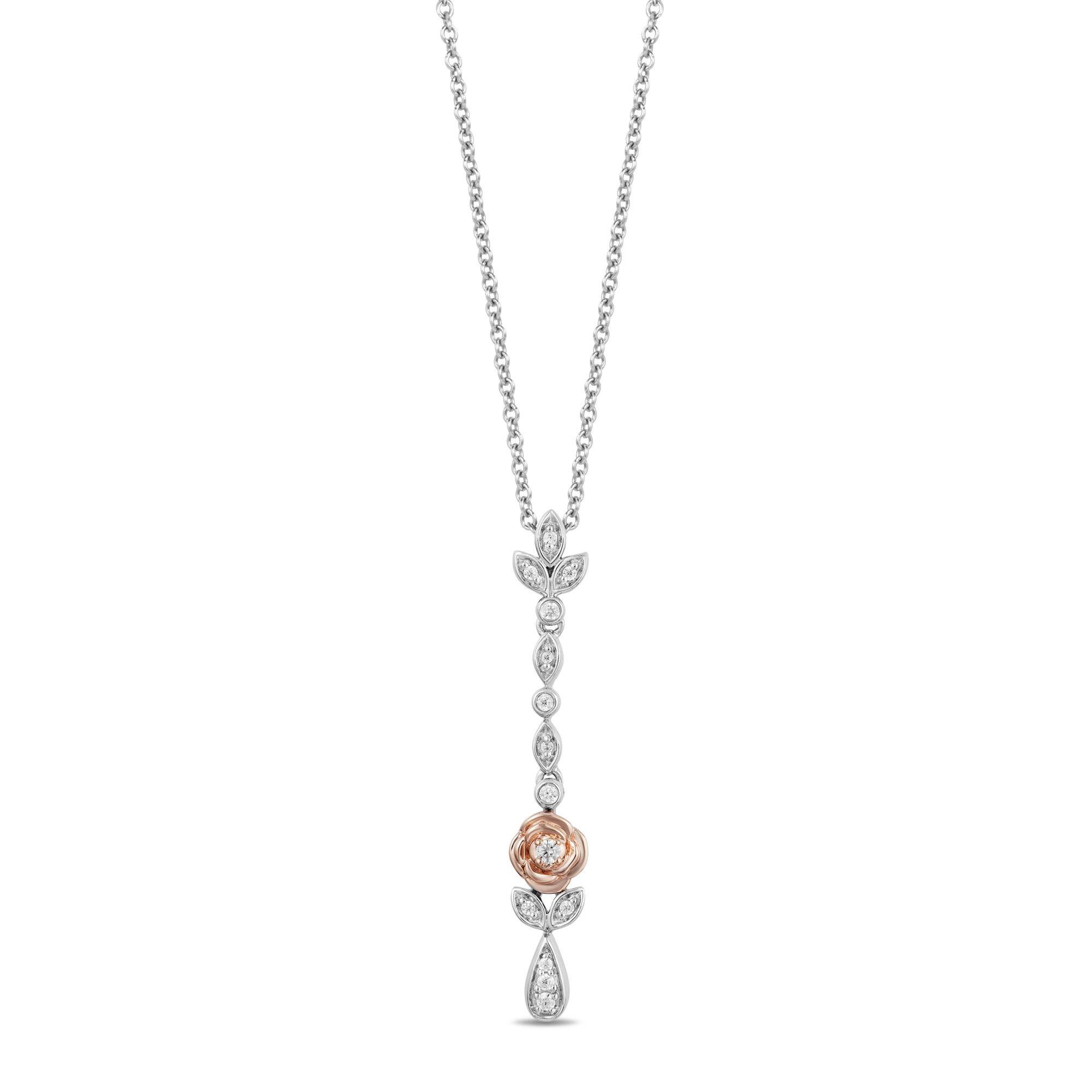 Enchanted Disney  Fine Jewelry Belle's Diamond Rose Drop Pendant Necklace 1/10ctw