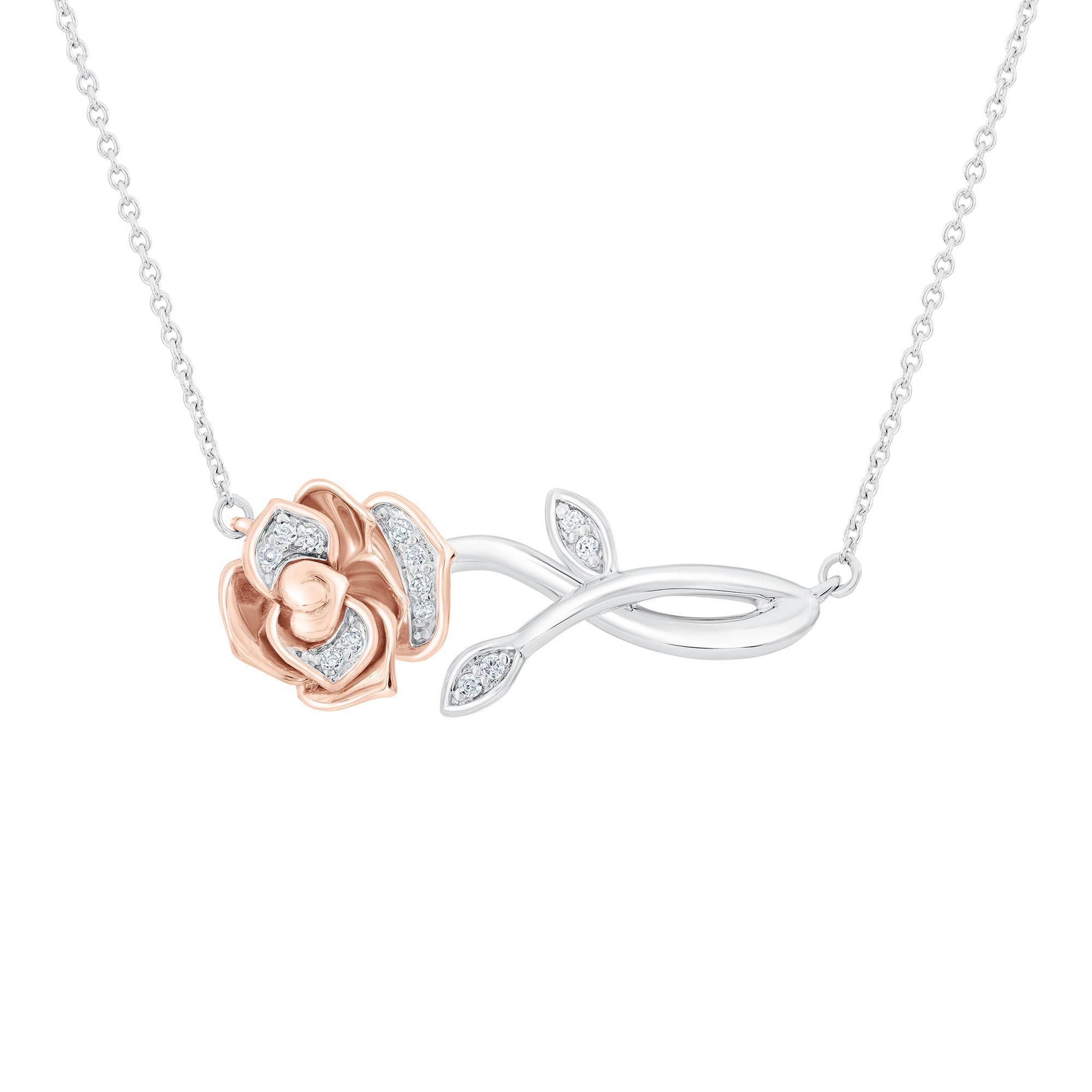 Enchanted Disney  Fine Jewelry Belle's Rose Diamond Necklace 1/20ctw
