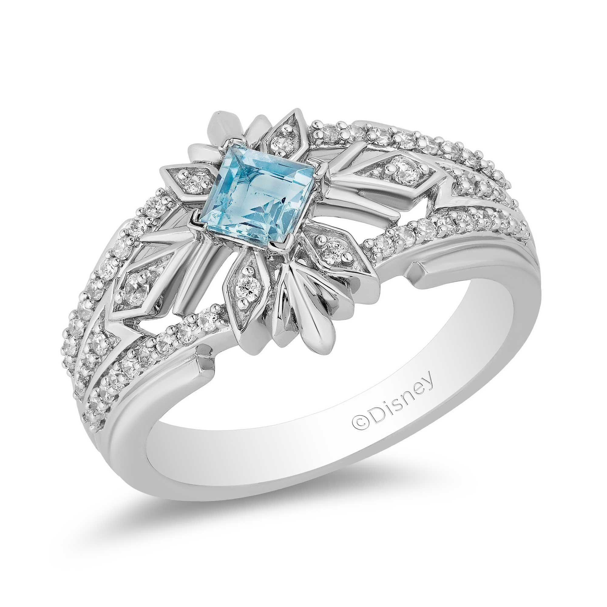 Enchanted Disney Women's  Fine Jewelry Elsa Aquamarine and Diamond Snowflake Ring 1/4ctw  Ring Size: 6.5