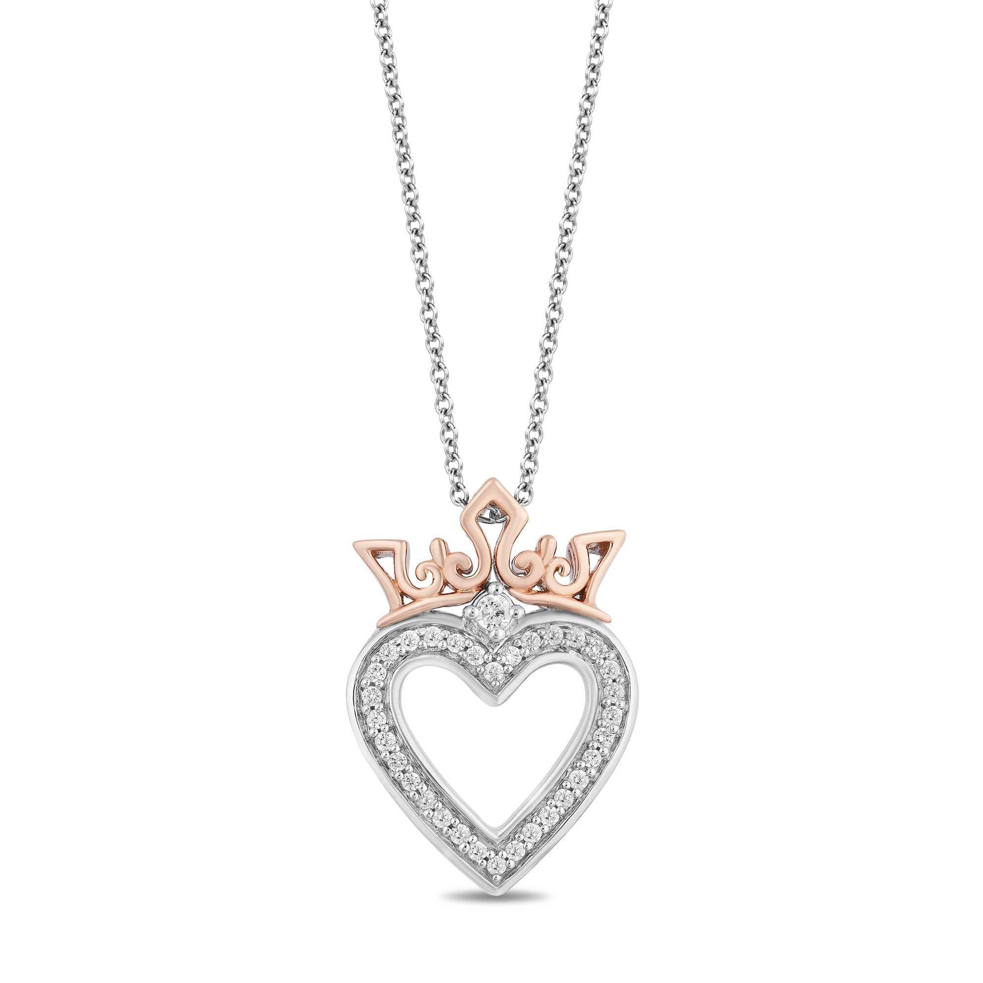 Enchanted Disney  Fine Jewelry Majestic Princess Two-Tone Diamond Heart Tiara Pendant Necklace 1/6ctw