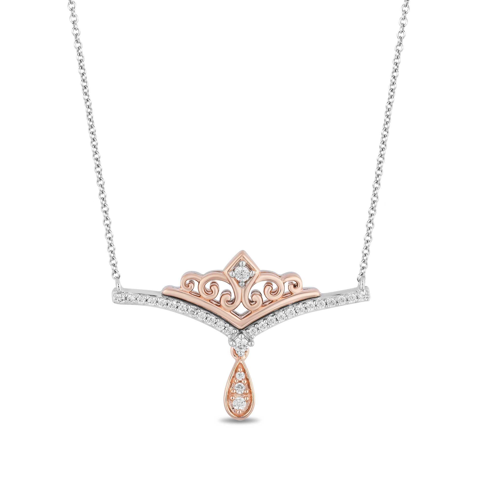 Enchanted Disney  Fine Jewelry Majestic Princess Two-Tone Diamond Tiara Bar Necklace 1/6ctw